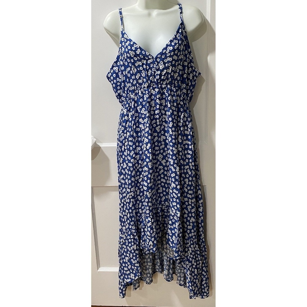 Beachโ Pacific Vibes Blue White Floral Print NWT XXL VNeck High Low Maxi Dress